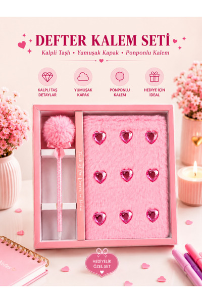 ideal STORE Kalpli Taşlı Peluş Defter ve Ponponlu Kalem Seti – Hediyelik Özel...