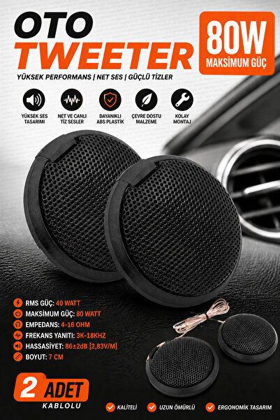 nelerbulurum Oto Tweeter Hoparlör 80W 2'li Set 4-16 Ohm Yüksek Ses Araç Ses S...