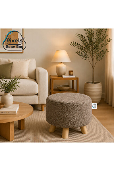 PixelsBeanBag Plexi بين باج Boucle Fabric Round Wide Ottoman Stool, Wooden Ba...
