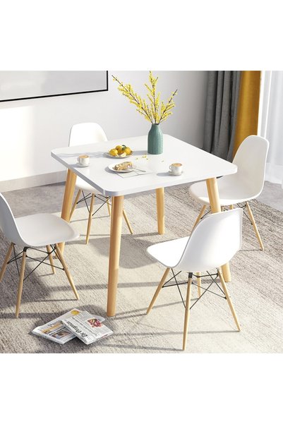 GoldenLike طاولة طعام مربعة بسطح أبيض وأرجل خشبية طبيعية - 80×80×73 سم