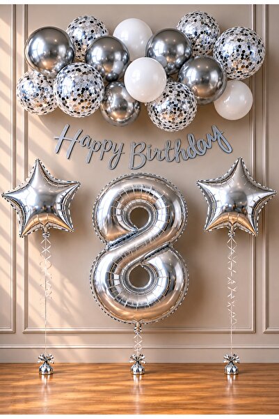 SİNDA Happy Birthday Gümüş -Doğum Günü Partisi Seti - Yaş Günü Konsepti - Rak...
