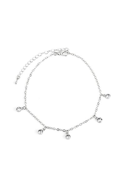 OEM Silver Anklet for Women with Chain and Rhinestones, Elegant Summer Jewelry