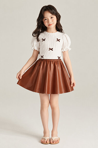 FESSHERA KİDS Girl's Set with Bow, Cotton Top and Elastic Waist Shorts Skirt ...