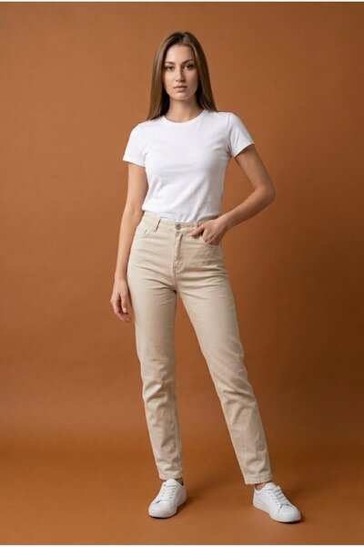hies Pantaloni de damă Mom Fit cu talie înaltă și picior îngust - Crem