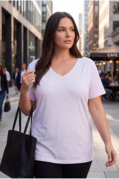 Ebsumu Women's Plus Size Front and Back Stone Printed White Blouse