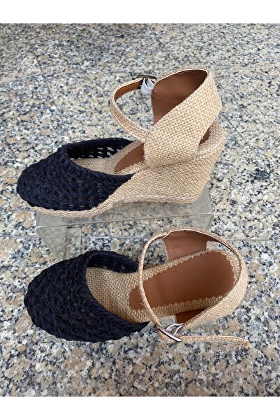 Aysun Ayakkabı Black Outer Material, Straw and Linen Laces, Wedge Heel Women'...