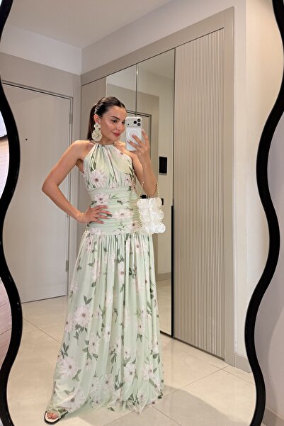 Gizem Ecemiş Smithers Mint Çicek Desenli Maxi Elbise