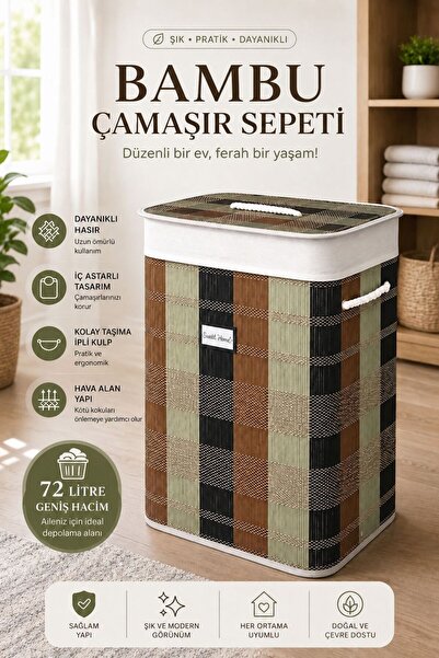 Funny Life 72 LT Bambu Çamaşır Sepeti Kapaklı Hasır Kirli Çamaşır Sepeti Düze...