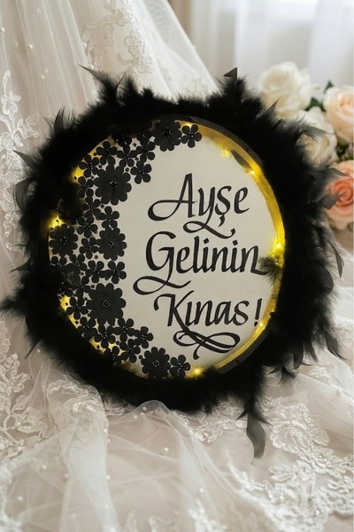 Evsay İsimli Ledli Gelin Tefi 3Boyut Taşlı Tüylü, Düğün Kına Nedime Bride Par...