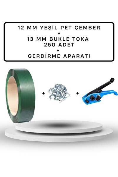 Dalpak Ambalaj 12 mm Yeşil Çember ( Yeşil Polyester Şerit )+ 250 Adet 13 mm P...