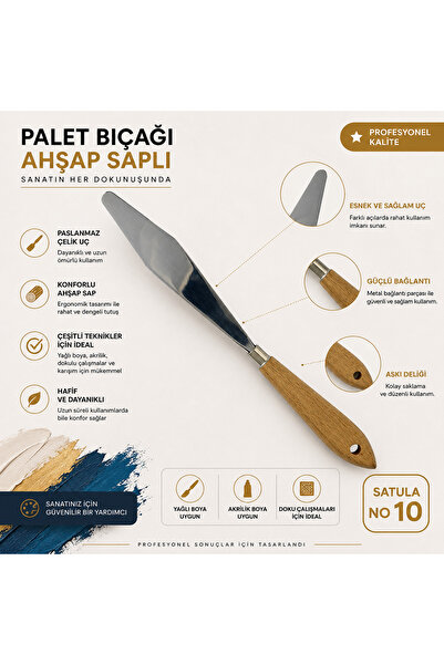 TOMBİ-X Ahşap Saplı Metal Spatula Yağlı Boya ve Akrilik Boya İçin NO:10