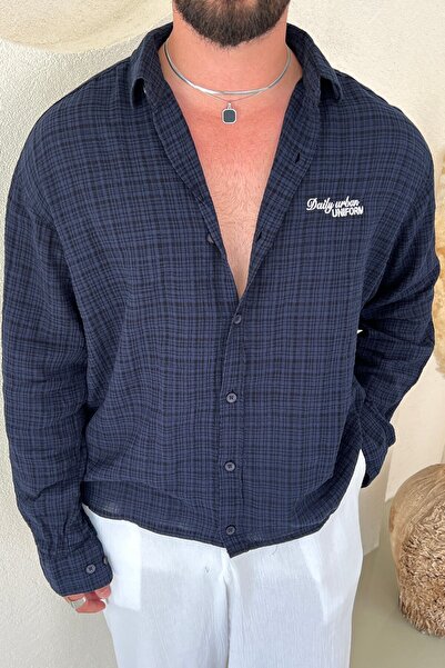 OUTFİT MAN Chest Embroidered Box Fit Muslin Shirt Navy Blue