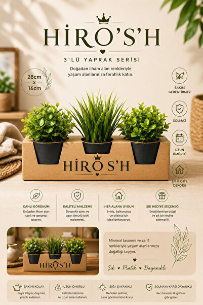 HİROS'H 3lü Gerçek Görünümlü Yapay Çiçek ve Yaprak Saksı Seti Yeşil