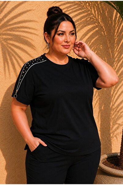 FOR ESRA BIG TREND Women's Black Plus Size Shoulder Zipper Stone Detail Side ...