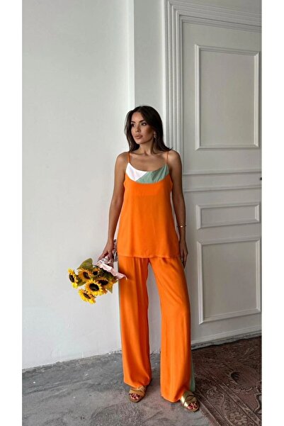 rengastyle Women's Cotton Viscose Fabric Strap Blouse and Wide Leg Pants Two-...