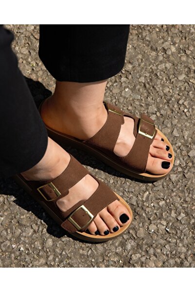 ALOGO Women's Brown Slipper Made of Ecological Suede Leather Maji