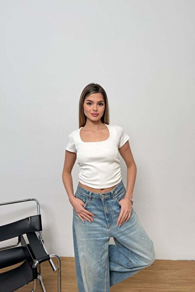 Vadon 1006 Women's Cotton Square Neck Side Gather Detailed Basic Crop T-Shirt...