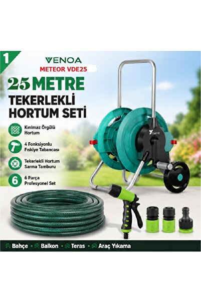 Venoa Meteor VDE25 Kırılmaz Örgülü Tekerlekli Makaralı Bahçe Su Hortumu 25 Me...