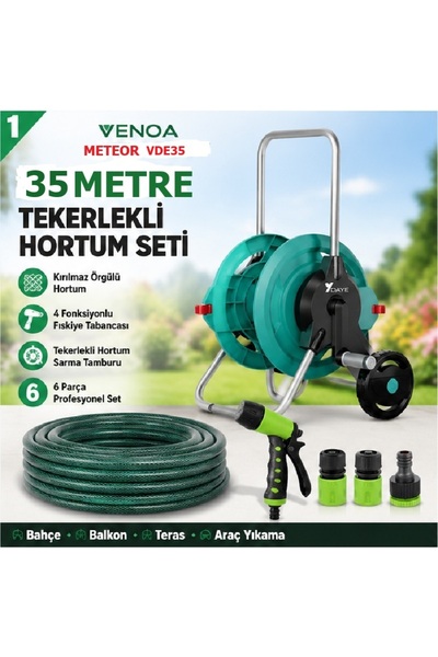 Venoa Meteor VDE35 Kırılmaz Örgülü Tekerlekli Makaralı Bahçe Su Hortumu 35 Me...