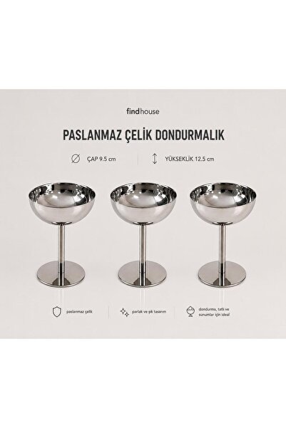 findhouse Yeni Nesil Ayaklı Üçlü Kaliteli Paslanmaz Çelik Çerez Dondurma Kase...