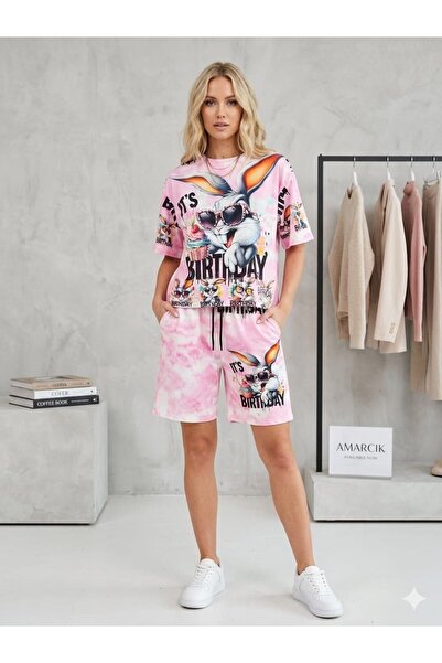 DENİKK Trend Digital Stone Print Embroidery Sequin Oversize Short Sleeve Spor...