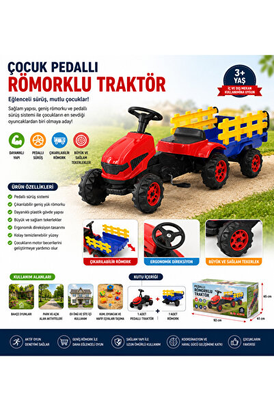 DoruCO Pedallı Römorklu Traktör Oyuncağı Büyük Tekerlekli