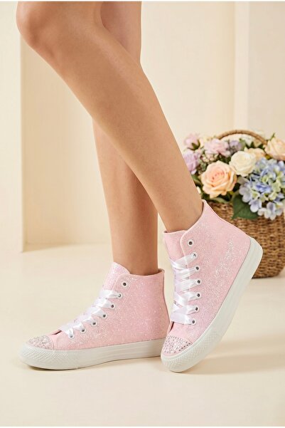 HYS SHOES Kadın Pembe Taşlı Simli Yüksek Bilek Sneaker Parlak Spor Ayakkabı