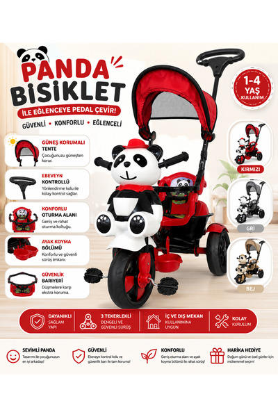 Ümit Panda Figürlü Tenteli Ebeveyn Kontrollü 3 Tekerlekli Çocuk Bisikleti