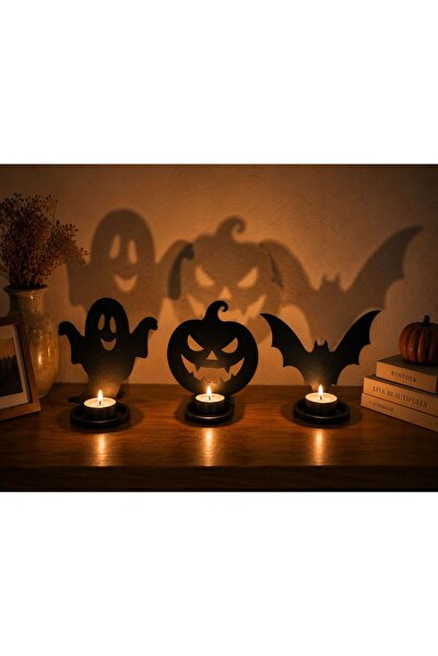 ArliaDesign Halloween Ahşap Mumluk Seti / Hayalet, Balkabağı ve Yarasa Dekora...