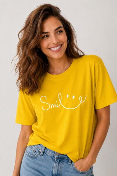 Lizbon Style Women's Oversize 100% Cotton T-Shirt Comfortable Fit Smile Printed T-Shirt - Yellow