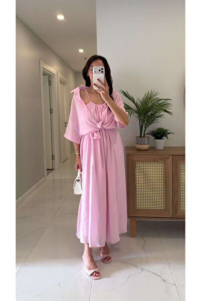 BİRCANÇİL Vindas Pink Shirred Detailed Shirt Dress Set
