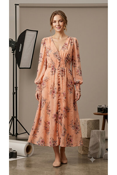 Sublime Butik Women's Pink Floral Detailed Lined Chiffon Dress with V-Neck fo...