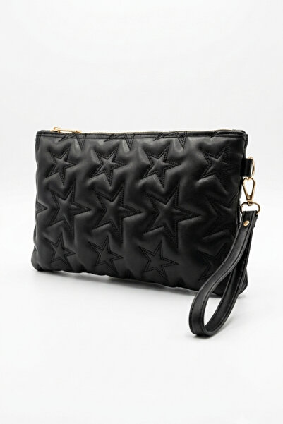 CSKNBAG Yıldız Nakış İşlemeli Portföy El Çantası Bilek Askılı Siyah Clutch Çanta