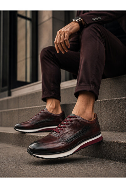 the corleone Hakiki Deri Erkek Dikiş Detaylı Bordo Sneaker Konforlu Taban Aya...
