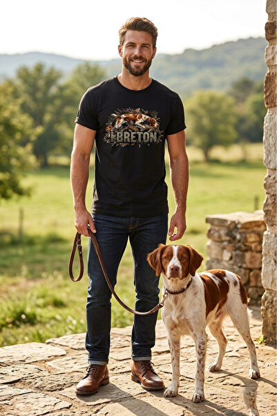 WİDİ Unisex Breton Printed T-Shirt - Hunter Dogs Series Crew Neck Cotton T-Shirt