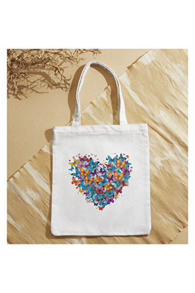 ALPŞAN TİCARET Butterfly Patterned Heart Design Cloth Bag Women's Shoulder Bag