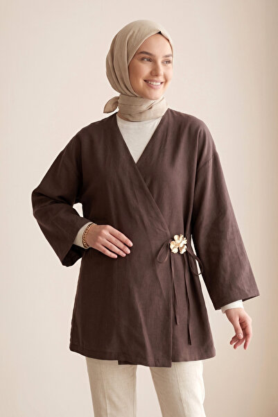 SADEL Beli Tokalı Çapraz Bağlamalı Tunik - Kahverengi