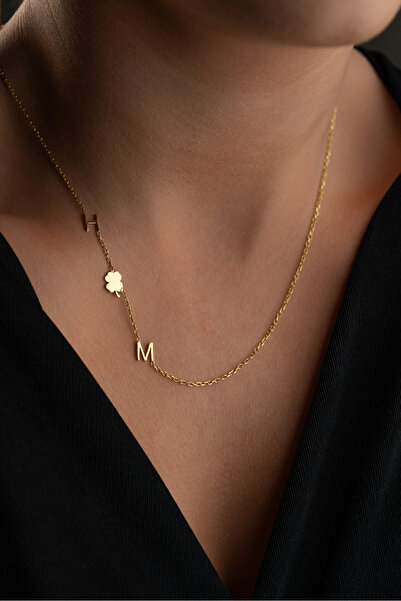 beonejewelry 925 Ayar Gümüş Kiye Özel Yonca Figürlü Harf Kolye