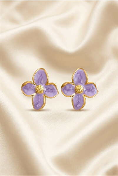 Pelin Aksesuar Lilac Enamel Flower Figured Gold Color Steel Nail Earrings