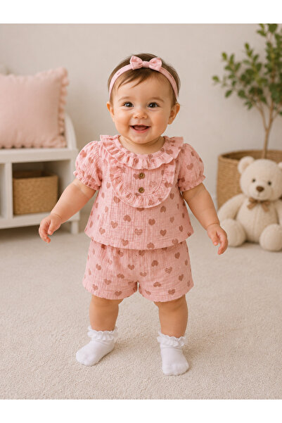 ues Baby Girl Muslin Heart Patterned Buttoned Shorts Set
