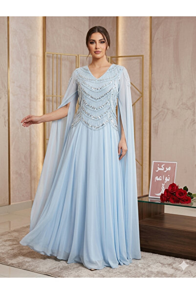 NAWAEIM Sky Blue Embroidered Evening Dress with Open Cape Sleeves