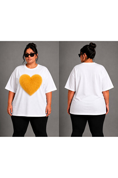 VODEXA Women's Oversize T-Shirt Yellow Heart Printed 100% Cotton T-Shirt Larg...