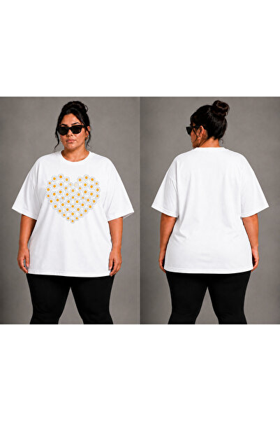 VODEXA Women's Oversize T-Shirt with Daisy Heart Print, 100% Cotton T-Shirt, ...