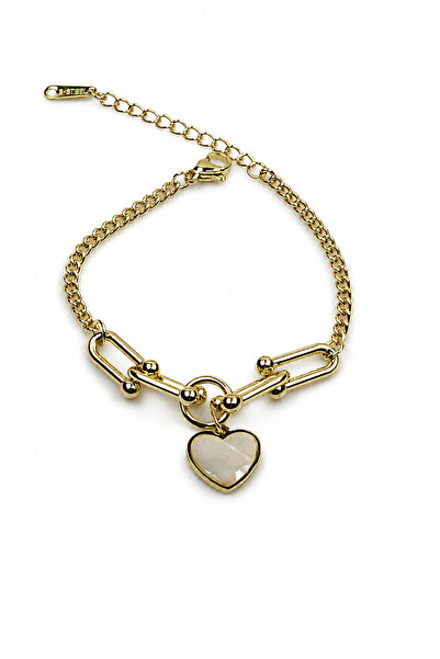 Zoe3 Style Women's Gold Color Heart Figured Chain Detailed Steel Bracelet