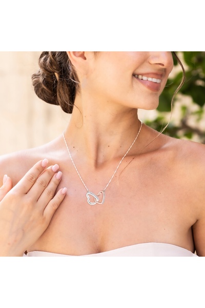 Larezo 925 Silver Necklace, Pendant With Two Hearts And Shiny Crystals For Wo...