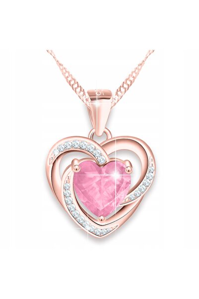 Larezo Colier Din Argint 925 Placat Cu Aur Roz, Pandantiv Inima Cu Cristal Ro...