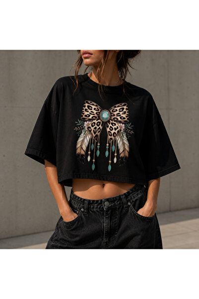 NUATEX Bohem Leopar Fiyonk Tüy Detaylı Oversize Crop Kadın Tişört