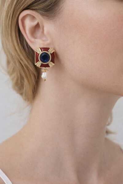 Feyz Tasarım Feyz Red Square Blue Enamel Earrings