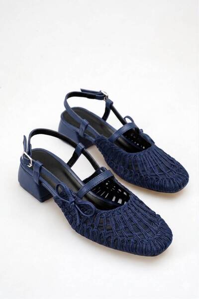 GÜZEL SHOES Belva Fileli Örme Fiyonk Detaylı Kısa Blok Topuklu Ayakkabı