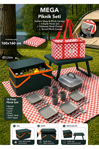 Meleni Home Mega Piknik Set -Katlanır Masa Piknik Sepeti 18 Parça Yemek Seti ...